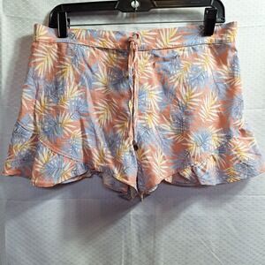 RUSTY Linen Blend Pull-On Ruffle Short Sz XL Blue Pink Palm Leaves Coastal Beach